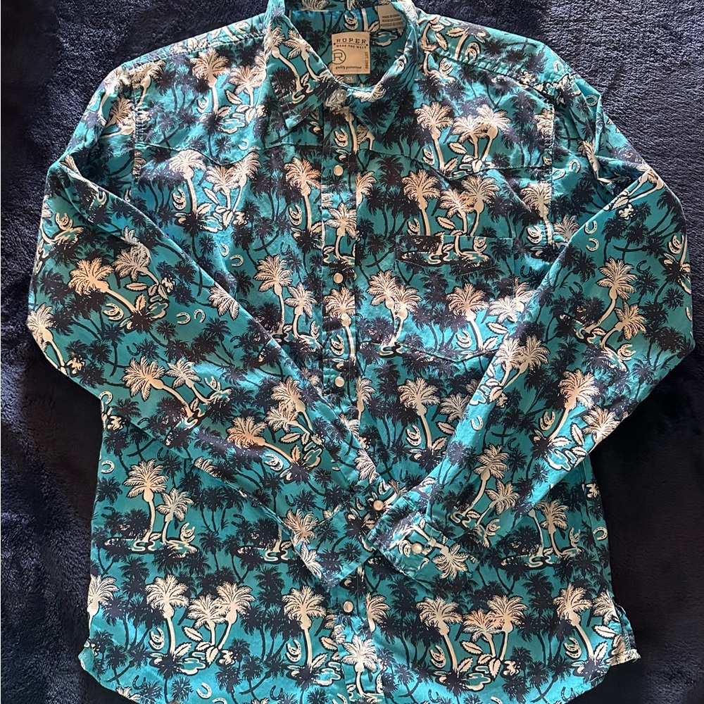 Roper Boy’s Teal and White Palm Print Shirt